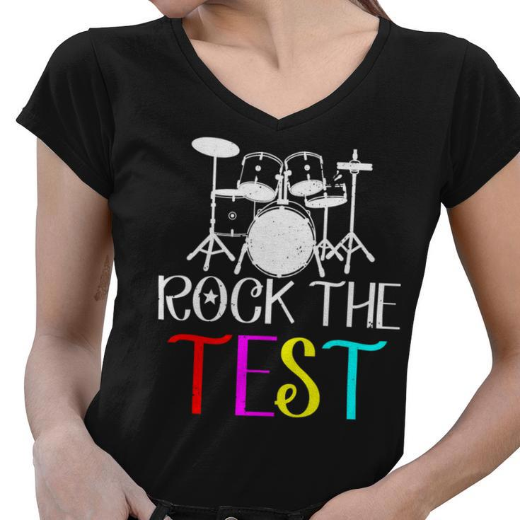 Rock The Test Teacher Test Day Testing Day Funny Teacher Women V-Neck T-Shirt