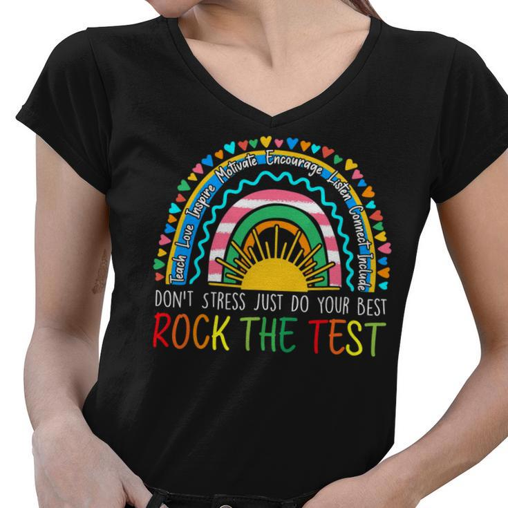 Rock The Test Teacher Test Day Testing Day Rainbow Teacher Women V-Neck T-Shirt