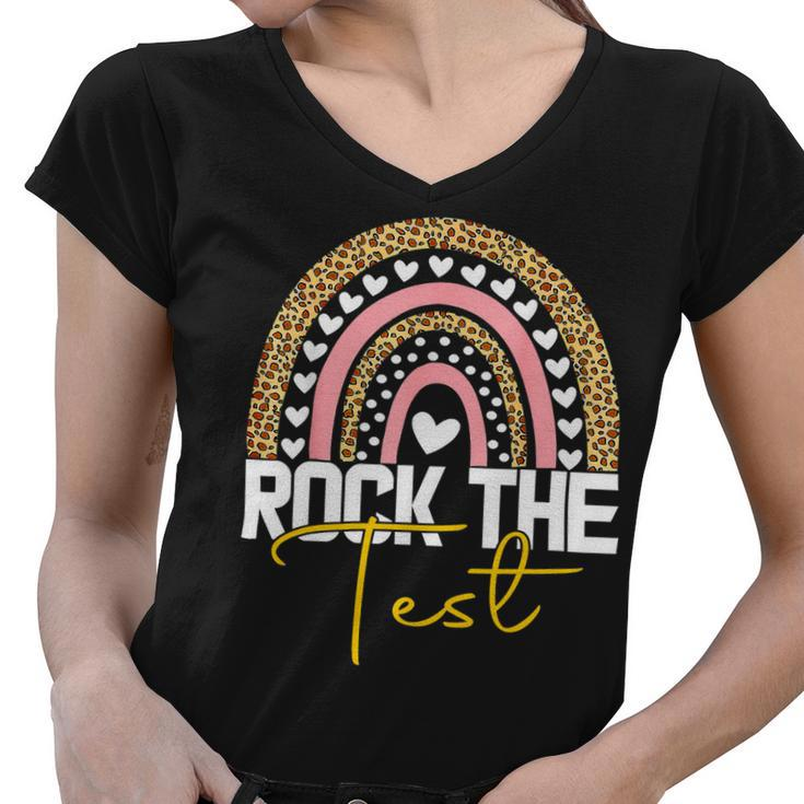 Rock The Test Test Day Teacher Testing Day Rainbow Teacher Women V-Neck T-Shirt