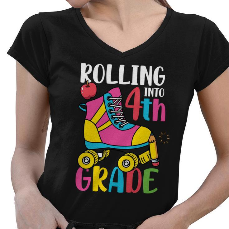Rolling Into 4Th Grade First Day Of School Back To School Women V-Neck T-Shirt