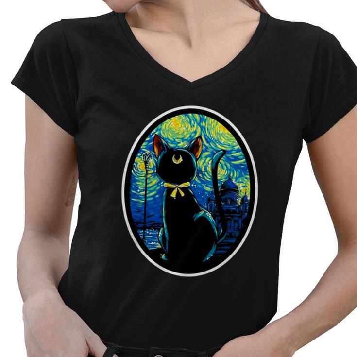 Sailor Moon Cat Starry Night Van Gogh Women V-Neck T-Shirt