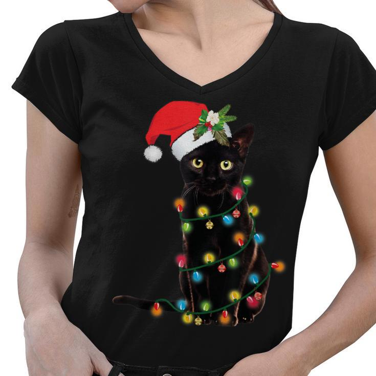 Santa Black Cat Tangled Up In Christmas Tree Lights Holiday  Women V-Neck T-Shirt