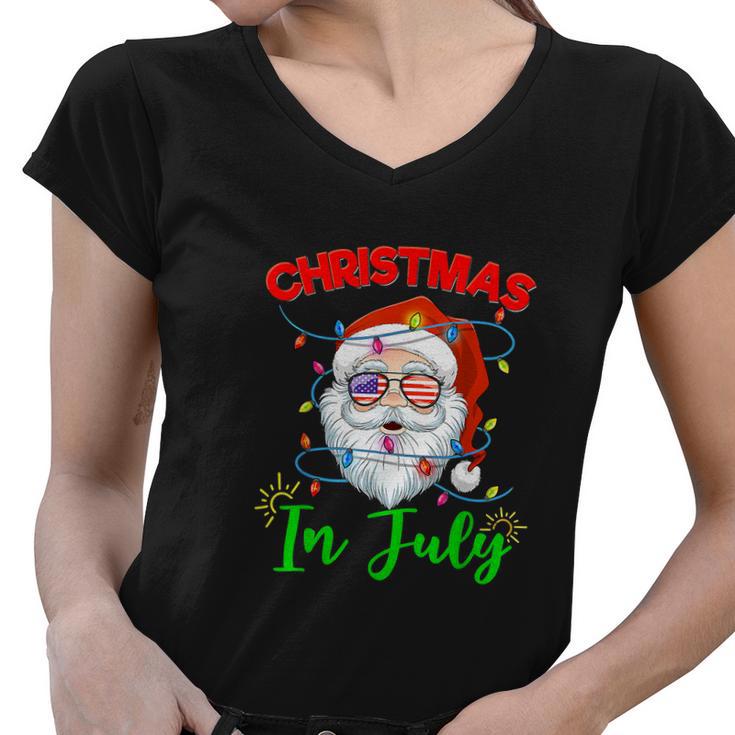 Santa Hat Sunglasses Usa Flag Christmas In July Women V-Neck T-Shirt