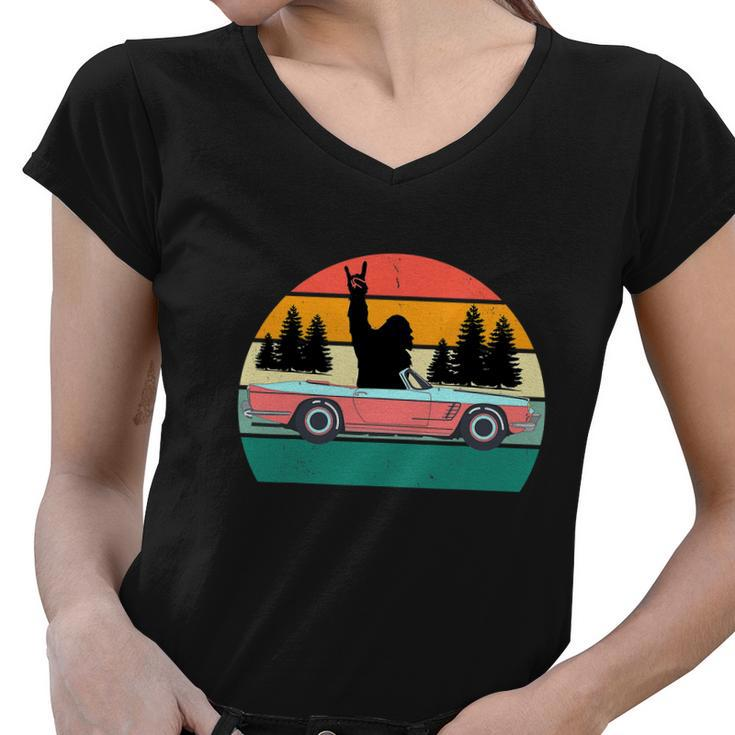 Sasquatch Bigfoot Driving Car Retro Sunset Funny Women V-Neck T-Shirt