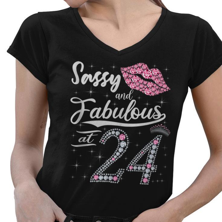 Sassy And Fabulous At 24 24Th Pink Crown Lips Women Birthday  Women V-Neck T-Shirt