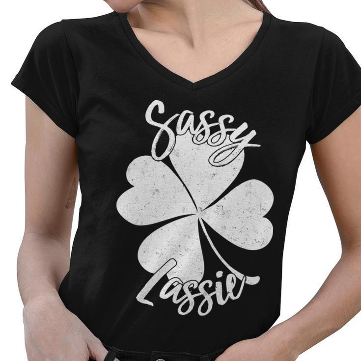 Sassy Lassie Irish Clover St Patricks Day Tshirt Women V-Neck T-Shirt