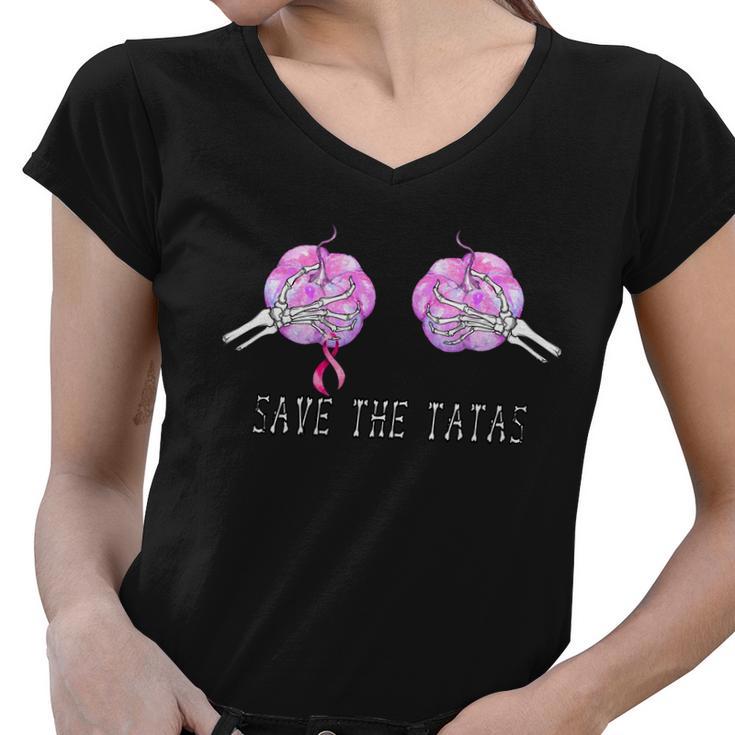 Save The Tatas Halloween Breast Cancer Awareness Tshirt Women V-Neck T-Shirt