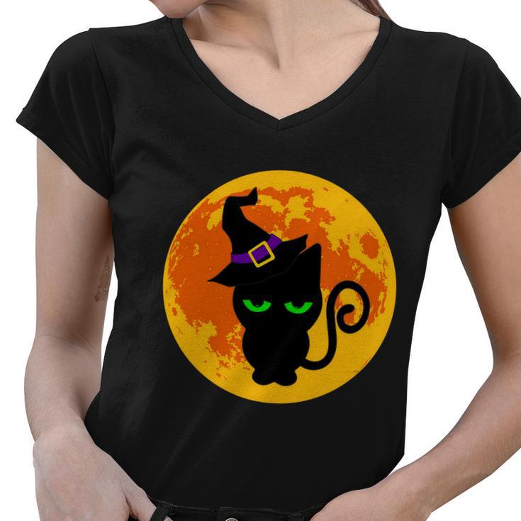 Scary Black Cat Costume Witch Hat Amp Moon Graphics Halloween Quote Women V-Neck T-Shirt