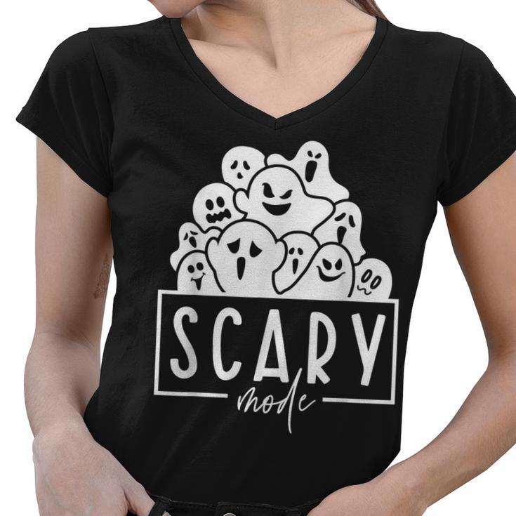 Scary Mode Boo Crew Ghost Spooky Vibes Funny Halloween  Women V-Neck T-Shirt
