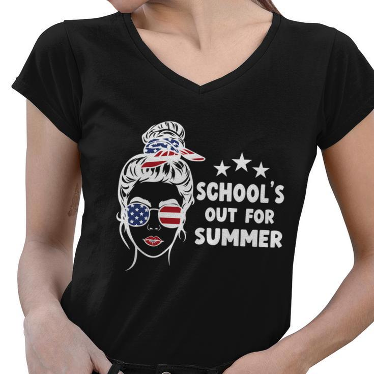 Schools Out For Summer Last Day Of School Messy Bun Us Gift Women V-Neck T-Shirt