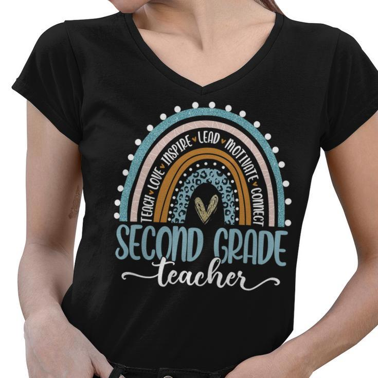 Second Grade Teacher Leopard Boho Rainbow Teachers Day Women V-Neck T-Shirt