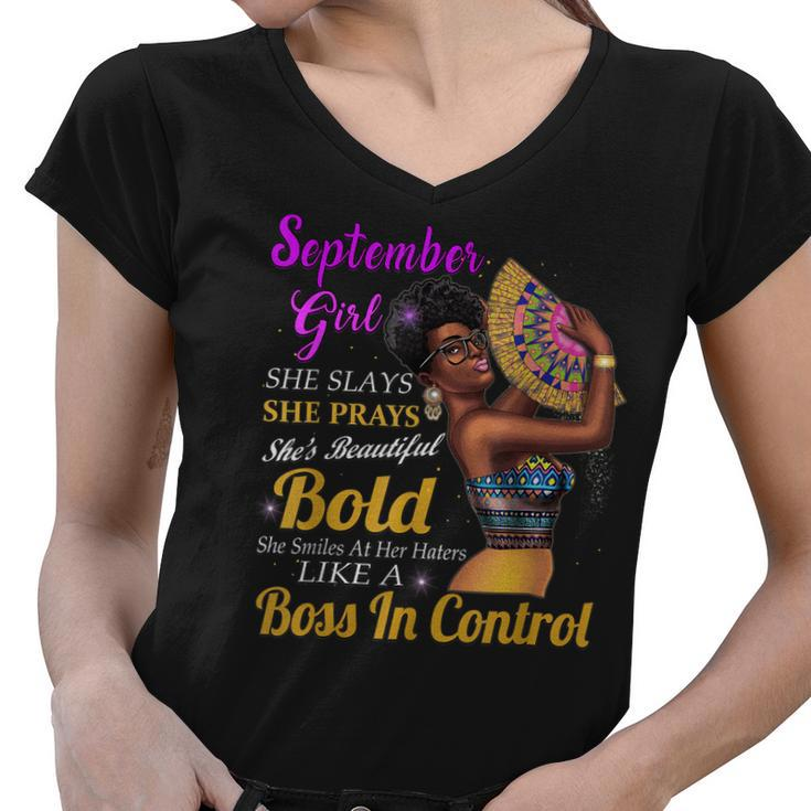 September Girl Virgo Birthday Gift Melanin Afro Queen Womens  Women V-Neck T-Shirt