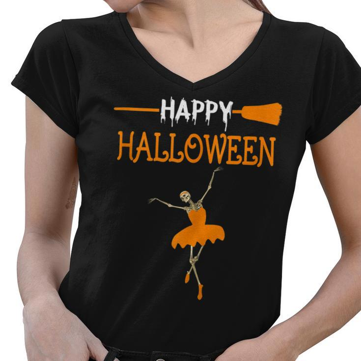 Skeleton Dancing Ballet To Happy Halloween Cute  Women V-Neck T-Shirt