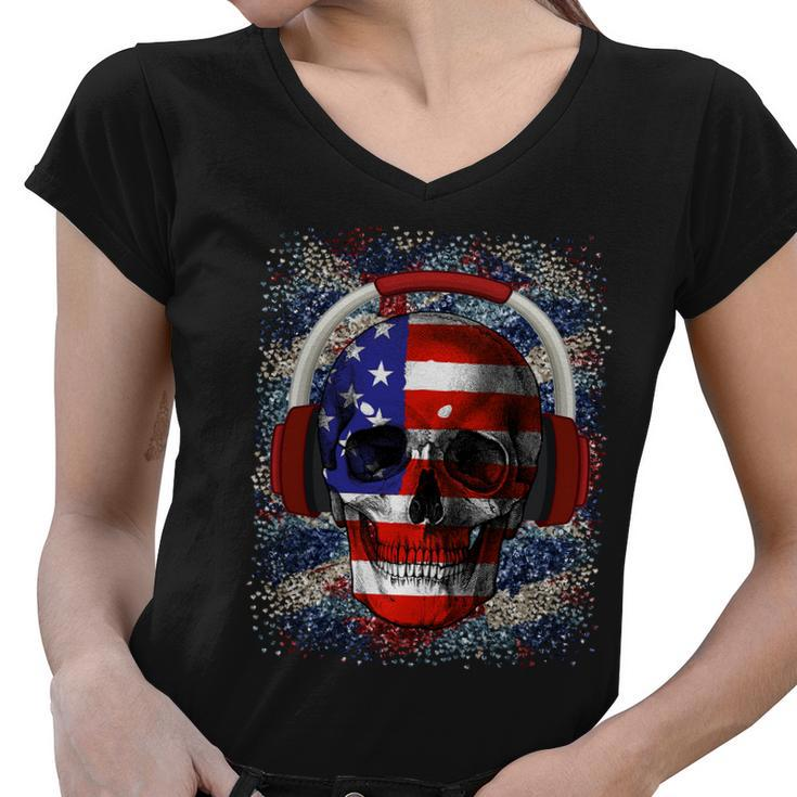 Skull Headphone Usa Flag 4Th Of July Women V-Neck T-Shirt