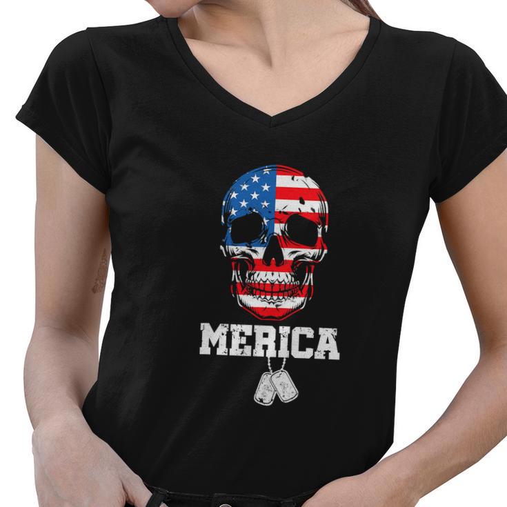 Skull Merica Patriotic American Flag Funny 4Th Of July Women V-Neck T-Shirt