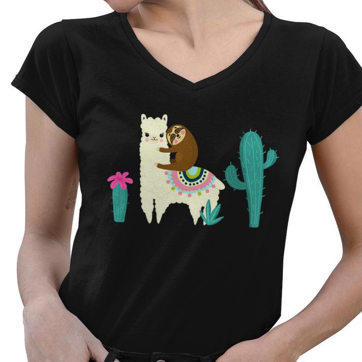 Sloth Riding Llama Funny Cactus Tshirt Women V-Neck T-Shirt