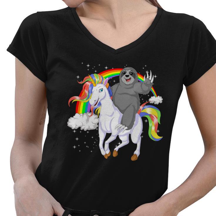 Sloth Riding Unicorn V2 Women V-Neck T-Shirt