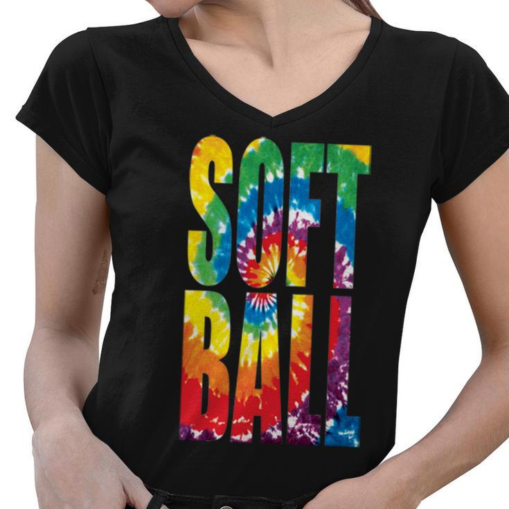 Softball Retro Tie Dye Women V-Neck T-Shirt