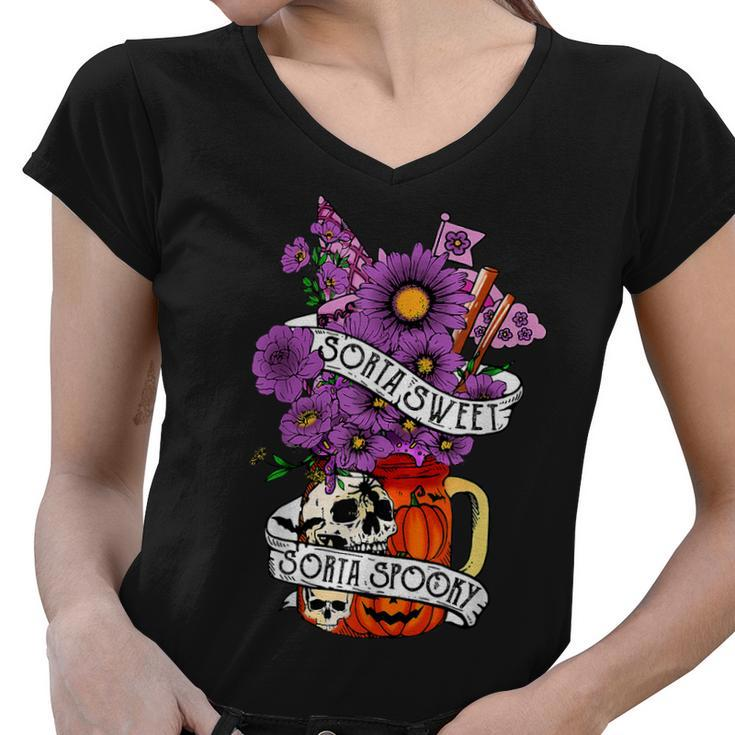 Sorta Sweet Sorta Spooky Flower Skull Pumpkin Halloween  Women V-Neck T-Shirt