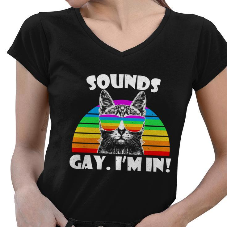 Sounds Gay Im In Rainbow Cat Pride Retro Cat Gay Funny Gift Women V-Neck T-Shirt