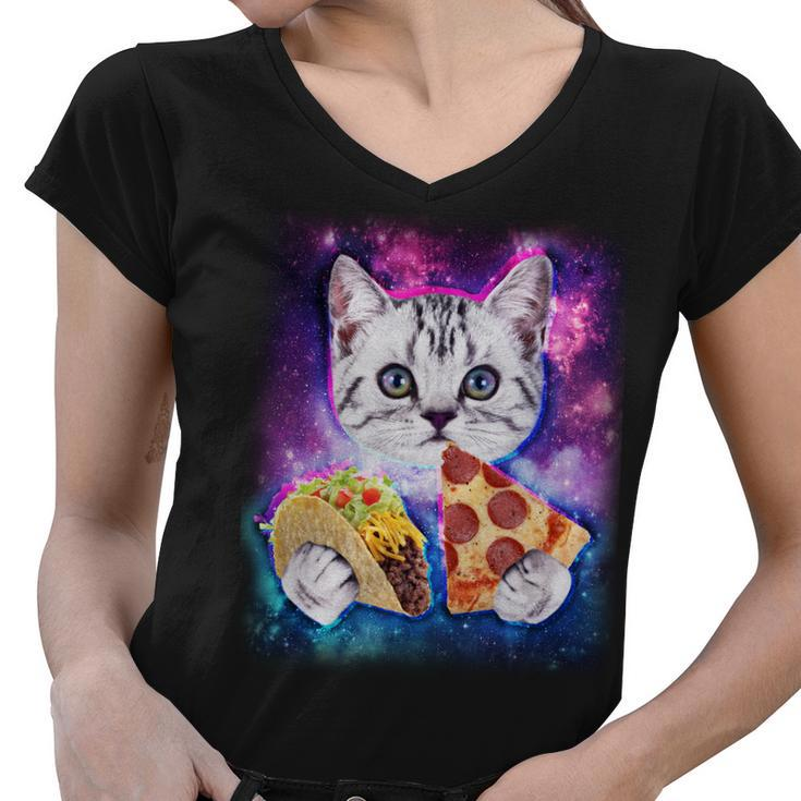 Space Cat Pizza And Tacos Tshirt Women V-Neck T-Shirt