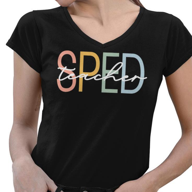 Special Education Teacher Sped Boho Rainbow Retro Women V-Neck T-Shirt