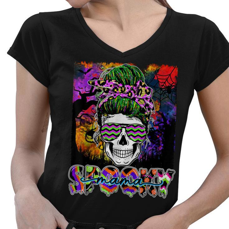 Spooky Mama Halloween Costume Witch Skull Messy Bun Leopard  Women V-Neck T-Shirt