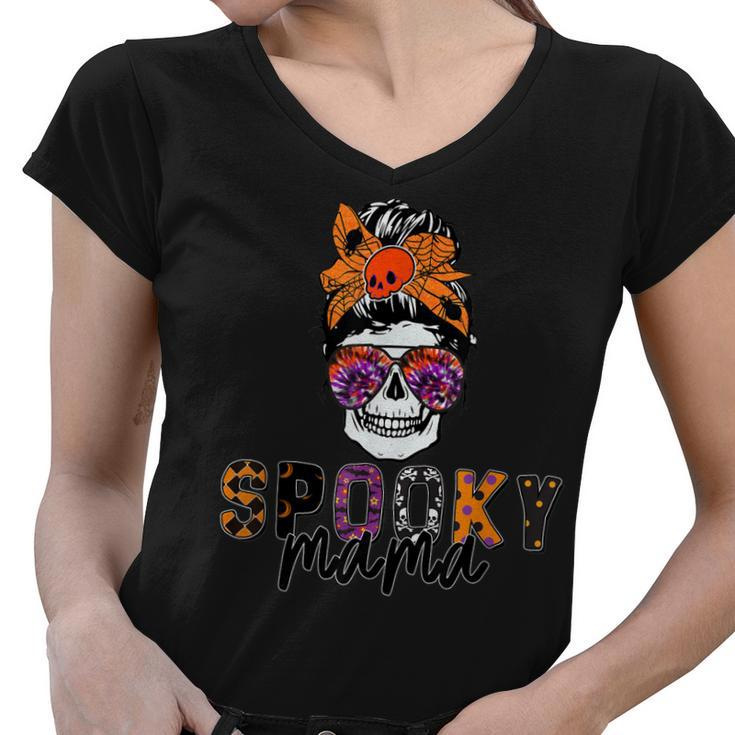 Spooky Mama Skull Halloween Womens Messy Bun Witch  Women V-Neck T-Shirt