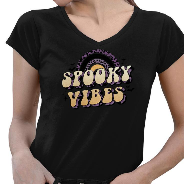 Spooky Vibes Leopard Rainbow Funny Halloween Women V-Neck T-Shirt