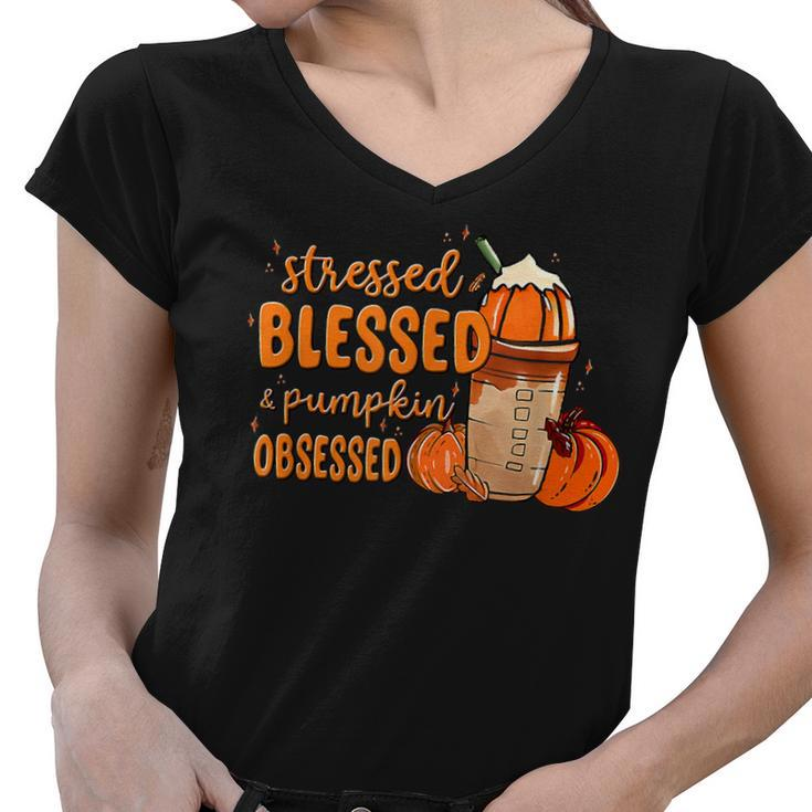 Stressed Blessed And Pumpkin Obsessed Fall Autumn   Women V-Neck T-Shirt