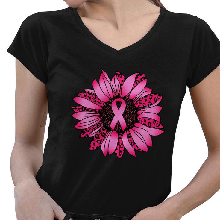 Sunflower Pink Ribbon Breast Cancer Awareness Tshirt Women V-Neck T-Shirt