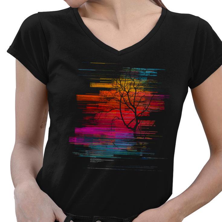 Sunset Glitch Tree Tshirt Women V-Neck T-Shirt