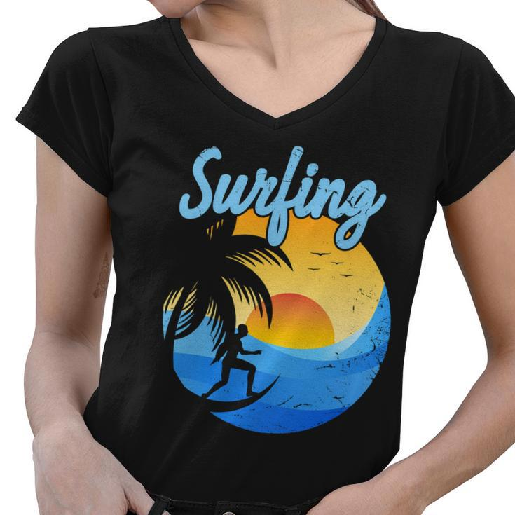 Sunset Surfing Summer Vacation Surf Women V-Neck T-Shirt