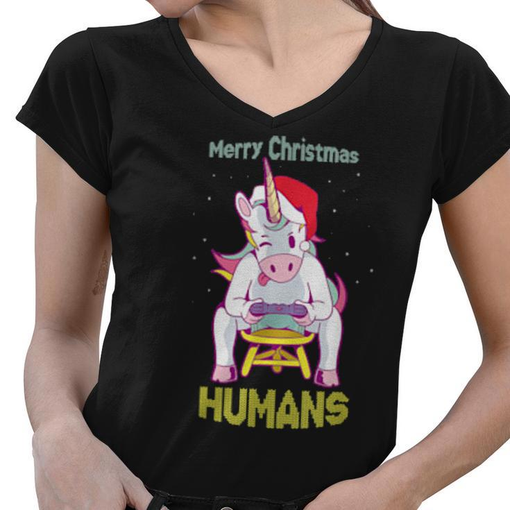 Super Xmas Unicorn Gamer  Merry Xmas Women V-Neck T-Shirt