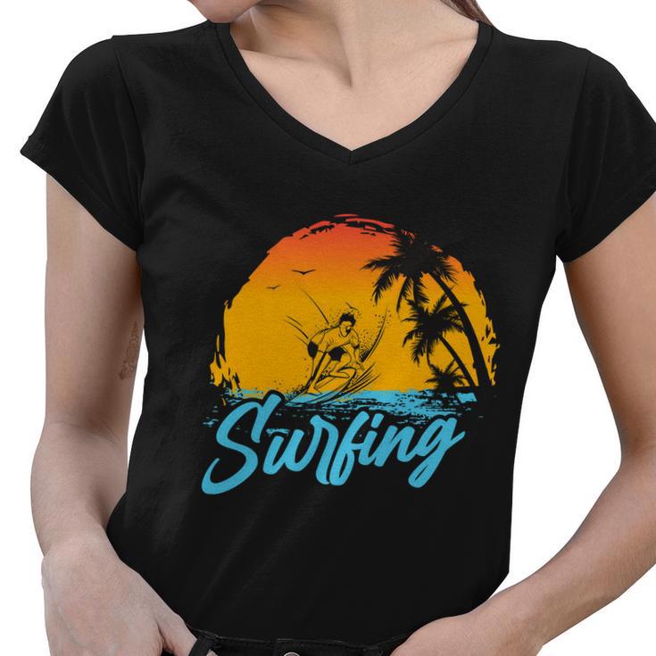 Surfing Sunset Plam Tree Women V-Neck T-Shirt