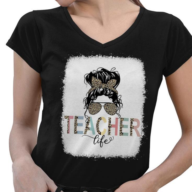 Teacher Life Bleached Shirt Teacher Life Royal Messy Bun Women V-Neck T-Shirt