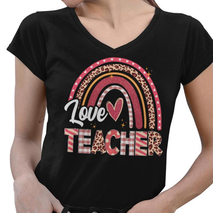 Teacher With Funny Leopard Rainbow Teachers Day Women V-Neck T-Shirt