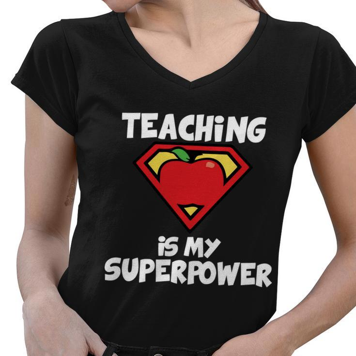 Teaching Is My Superpower Apple Crest Women V-Neck T-Shirt
