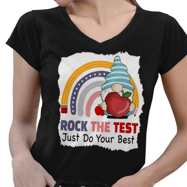 Test Day Rock The Test Teacher Testing Day Gnomes Teacher Women V-Neck T-Shirt