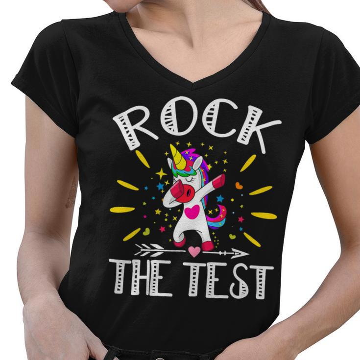 Test Day Rock The Test Teacher Testing Day Unicorn Teacher Women V-Neck T-Shirt