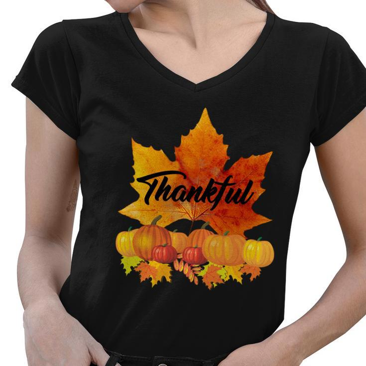 Thankful Autumn Leaves Thanksgiving Fall Tshirt Women V-Neck T-Shirt