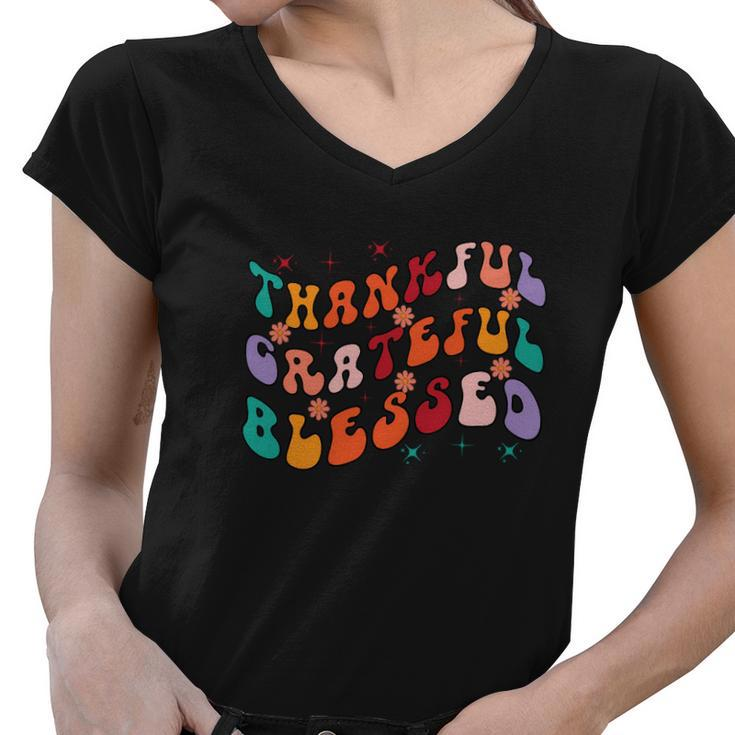 Thankful Grateful Blessed Fall Glitter Gift Women V-Neck T-Shirt