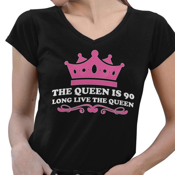 The Queen Is 90 Funny 90Th Birthday Women V-Neck T-Shirt