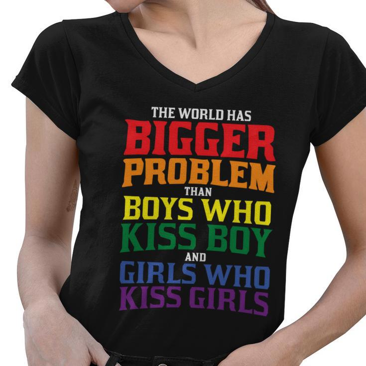 The World Has Bigger Problem Than Boys Who Kiss Boy Lbgt Women V-Neck T-Shirt