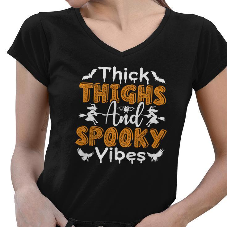Thick Thights And Spooky Vibes Witch Broom Halloween Women V-Neck T-Shirt