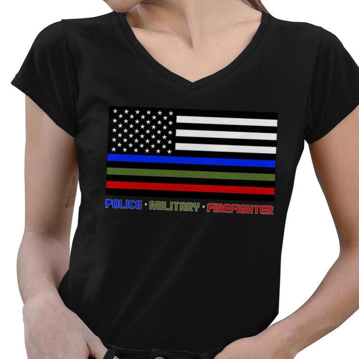 Thin Blue Green Red Lines Police Military Firefighter Tshirt Women V-Neck T-Shirt