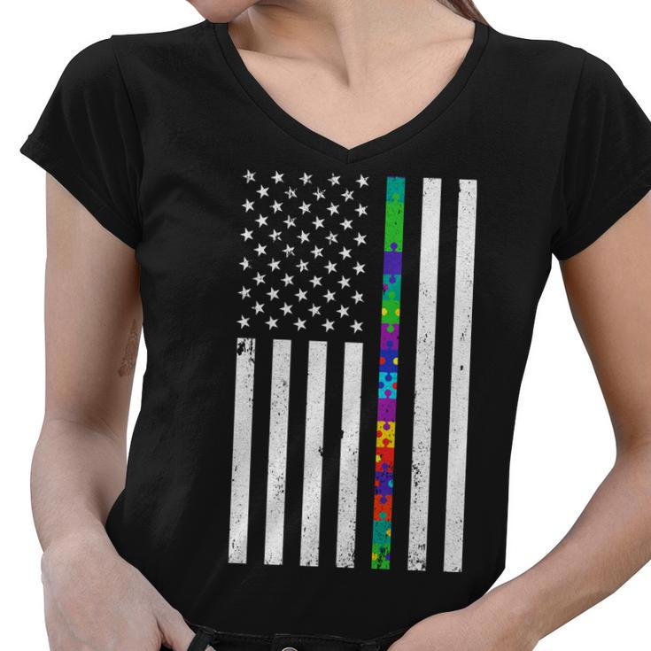 Thin Puzzle Line Autism Flag Women V-Neck T-Shirt