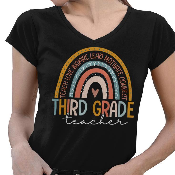 Third Grade Teacher Teach Love Inspire Boho Rainbow Women V-Neck T-Shirt