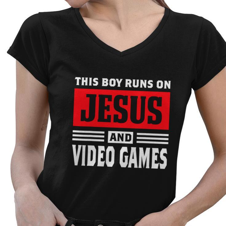 This Boy Runs On Jesus And Video Games Christian Women V-Neck T-Shirt