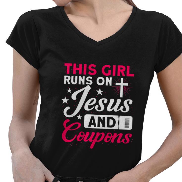 This Girl Runs On Jesus And Coupons Couponer Couponing Women V-Neck T-Shirt